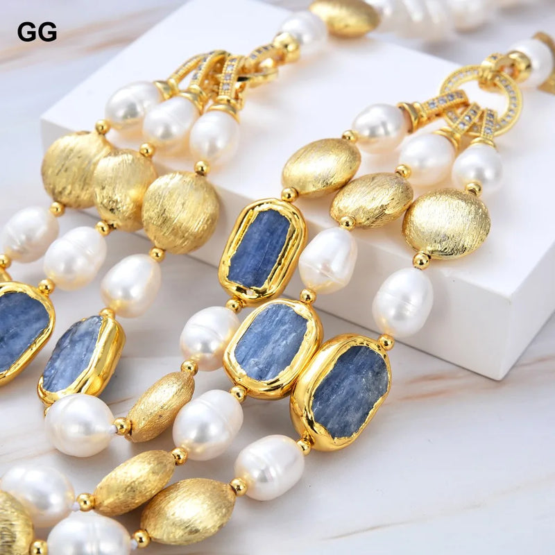 Gold Plated Freshwater Cultured White Rice Pearl Blue Kyanite Choker Necklace for Women