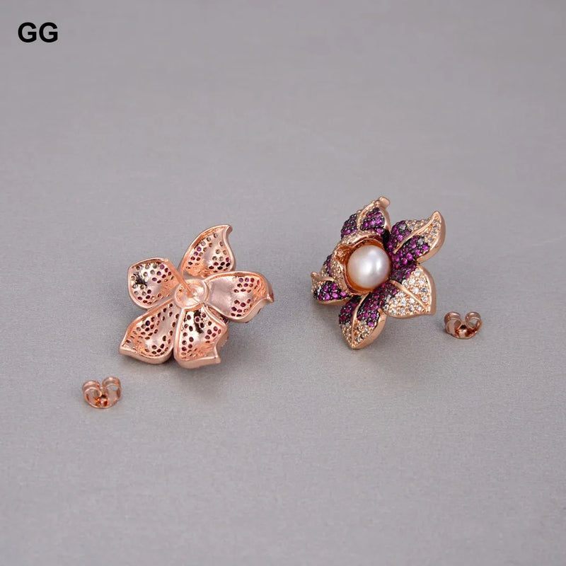 Rose Gold Plated White Pearl & Cubic Zirconia Flower Stud Earrings for Women