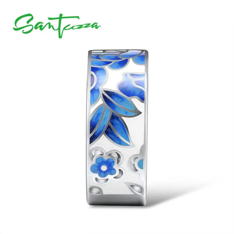 Sterling Silver Blue Flower Enamel Rings for Women