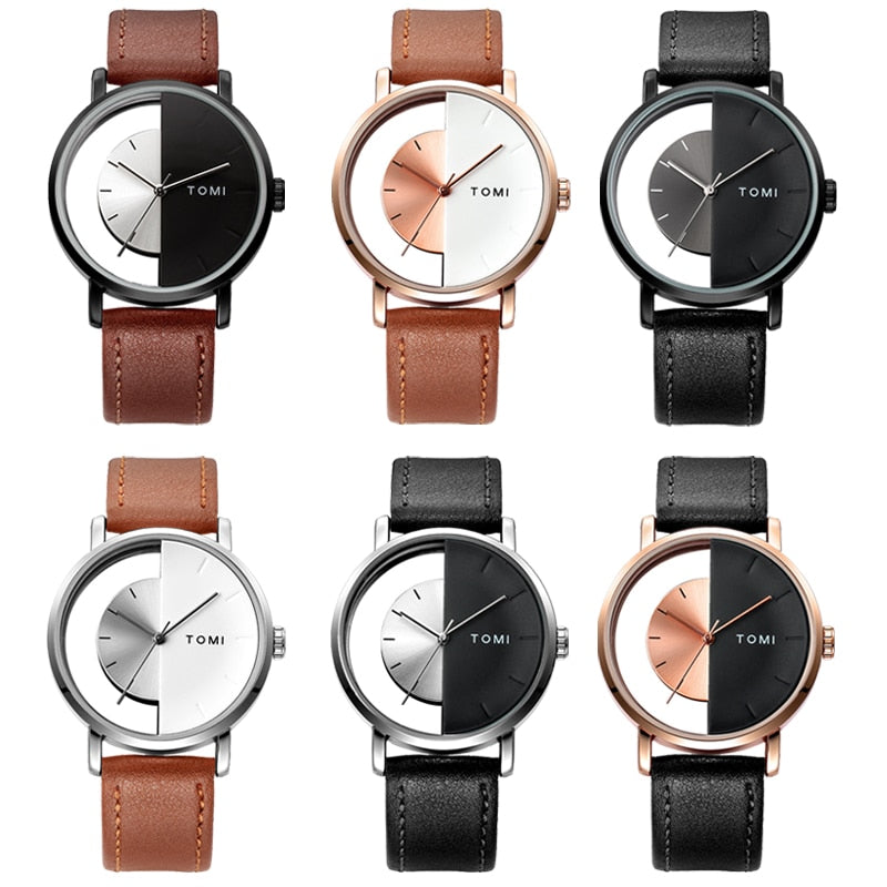 Stainless Steel Leather Half Transparent Unisex Watch