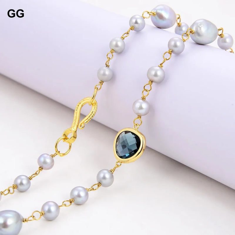 Gold Plated Round Pearl Blue Crystal Chain Necklace for Women