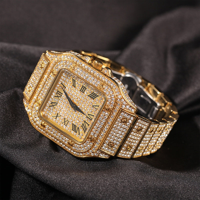 Luxury Gold Iced Out Rhinestone Square Quartz Watch for Unisex