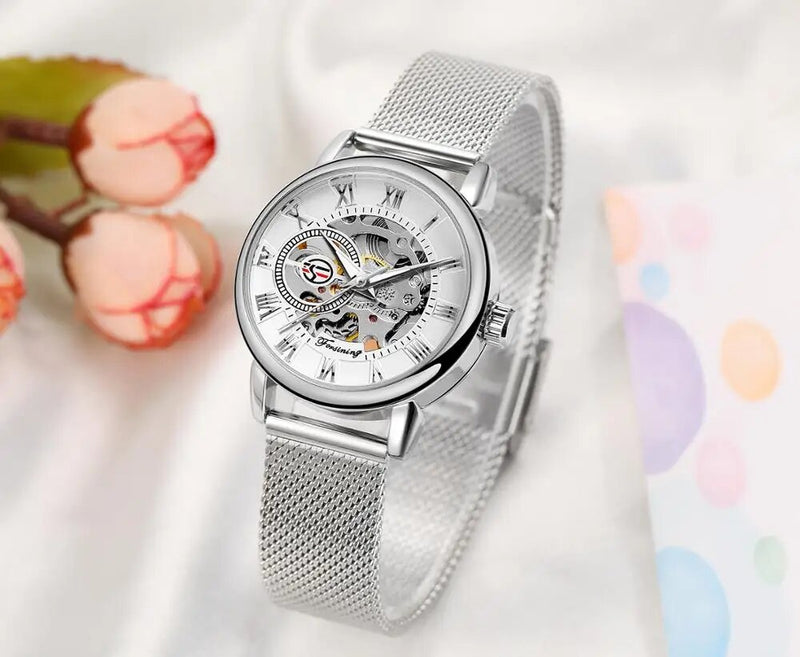 Stainless Steel Mesh Band Mechanical Watch for Woman