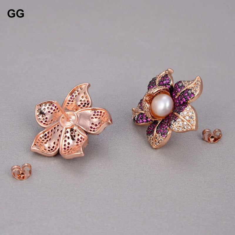 Rose Gold Plated White Pearl & Cubic Zirconia Flower Stud Earrings for Women