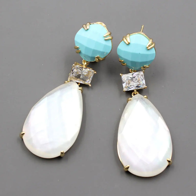 Silver Blue Crystal Clear Cubic Zirconia White Teardrop Shell Mother of Pearl Dangle Earrings for Women