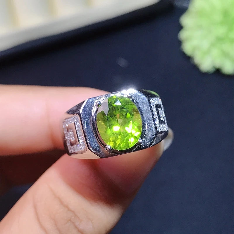 Sterling Silver Olivine Ring with Green Gemstone, size not specified, for men