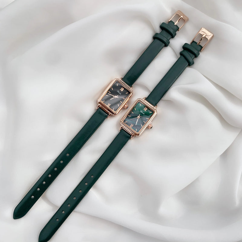 Slim, Green Rectangle Luxury Watch for Women: Quartz Movement, Waterproof, Leather Strap.