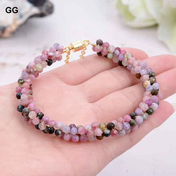 Sterling Silver Natural Multi Color Tourmaline Bangle Bracelet Magnet Clasp for Women