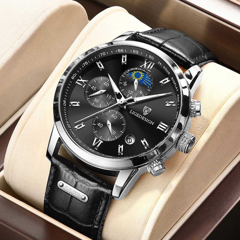 Luxury Men's Fashion Watch with Leather Strap and Waterproof Chronograph Features