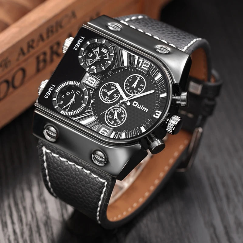 Men's Luxury Three Time Zone Sport Watch with Big Dial and Leather Band