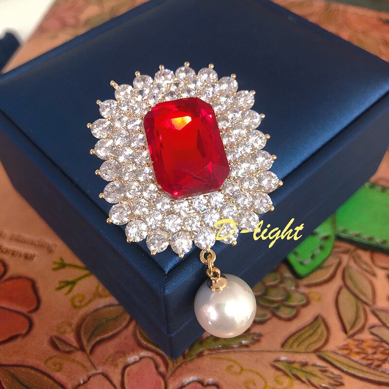 Sterling Silver Pearl Pendant with Ruby and Zircon Brooch for Ladies