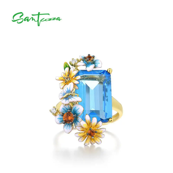 925 Sterling Silver Gold-Colored Rings with Blue Stone Inlay, Floral & Butterfly Motif for Women