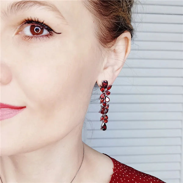 925 Sterling Silver Natural Garnet Leaves Branches Earrings for Women