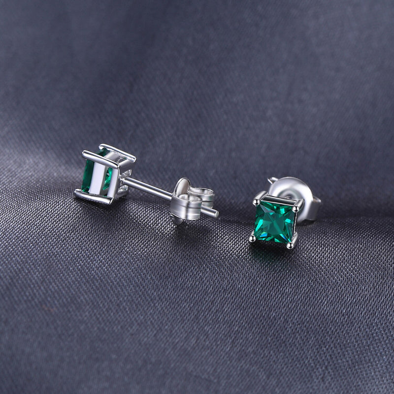 Sterling Silver Simulated Nano Green Emerald Stud Earrings for Women.