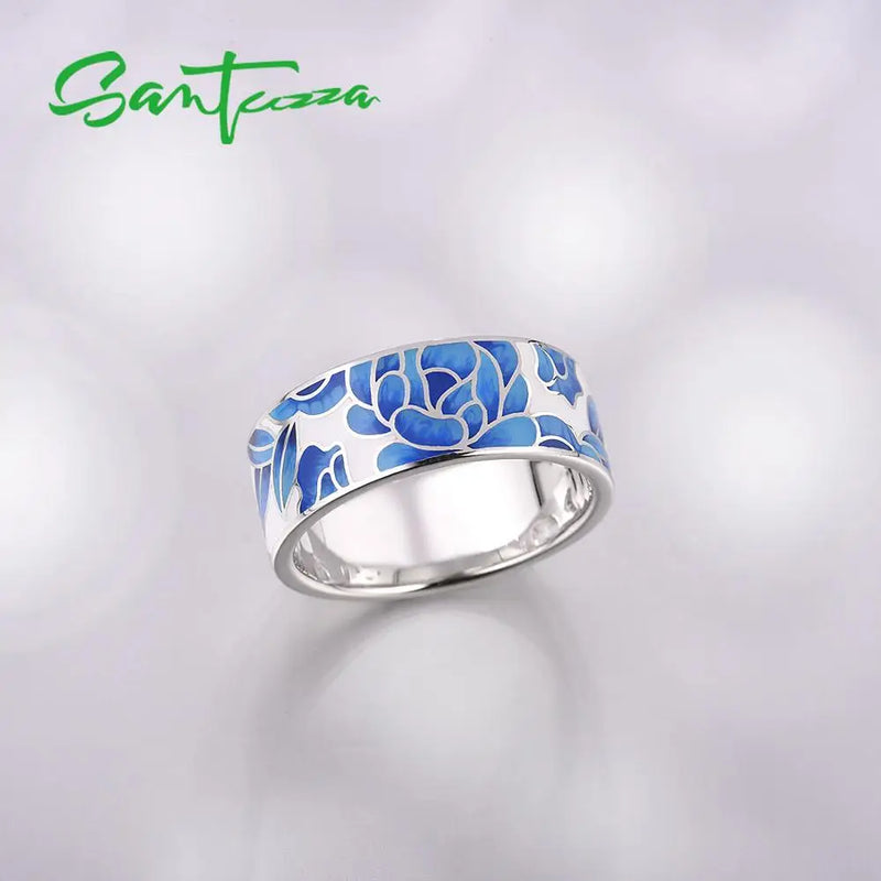 Sterling Silver Blue Flower Enamel Rings for Women