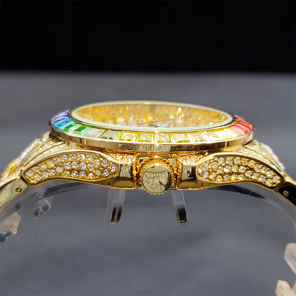 Gold Iced Out Rainbow Diamond Watch with Calendar for Men