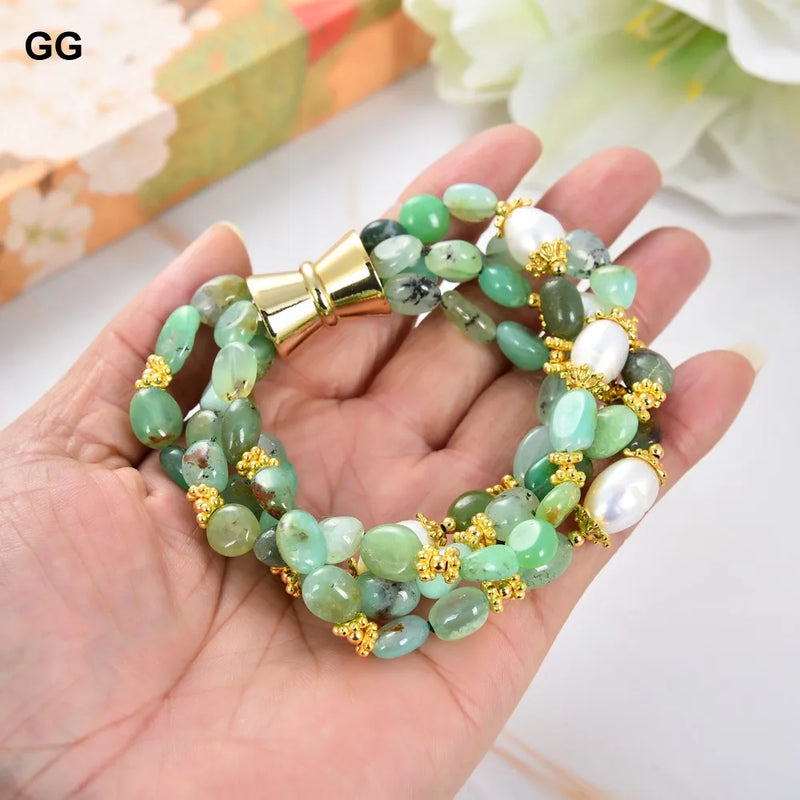 Gold-plated Chrysoprase Cultured Rice Pearl Bracelet 8.5'' for Women