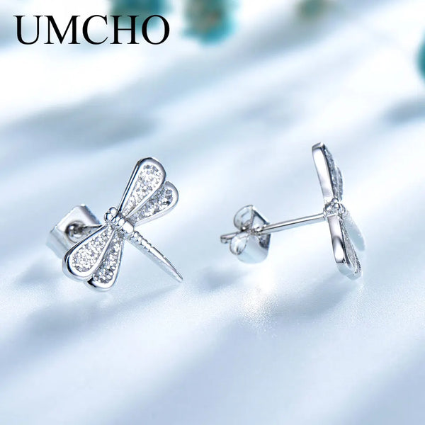 Sterling Silver White Zircon Dragonfly Stud Earrings for Women