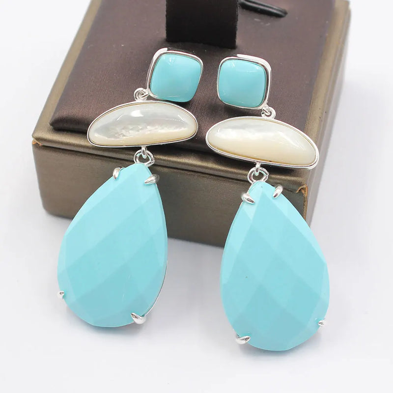 Sterling Silver Natural White Shell Blue Turquoise Dangle Stud Earrings for Women