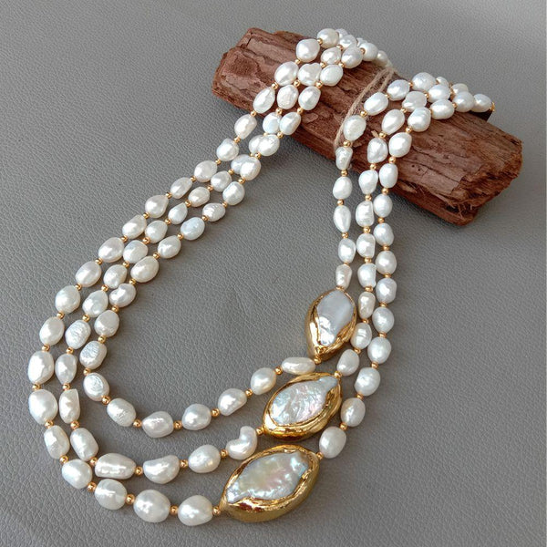 YYING 20\" 3 rows Cultured Baroque Pearl Necklace Keshi Pearl Gold color Plated Connector chokers luxury wedding for women