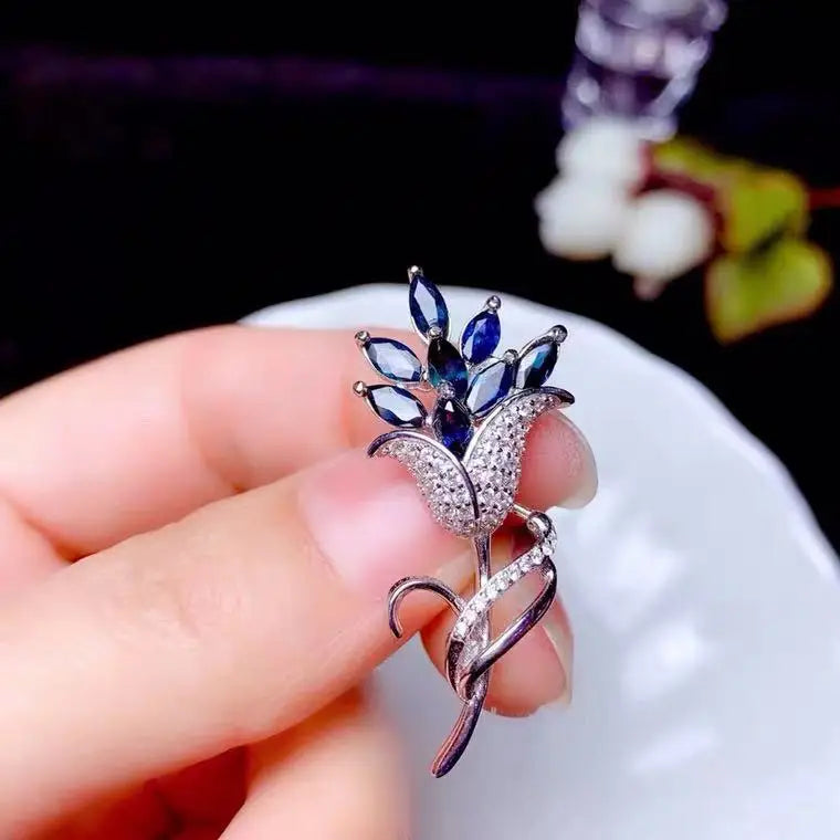 925 Sterling Silver Natural Sapphire Flower Brooch Pins for Women