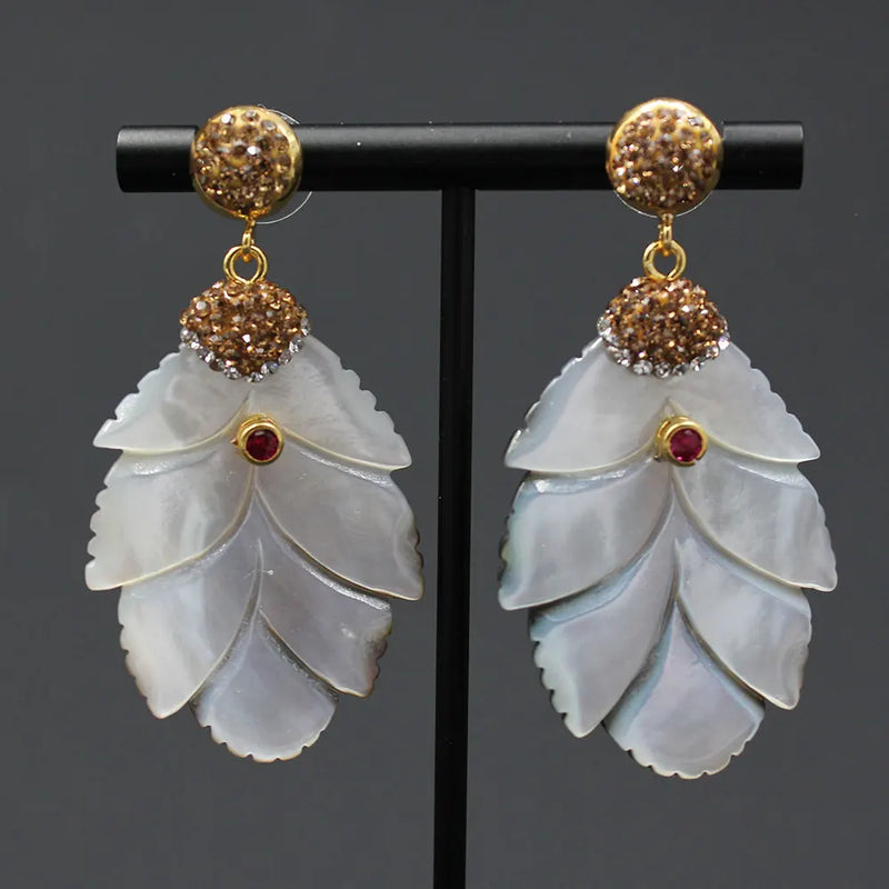 Gold Plated Natural Gray Sea Shell Leaf Mop with Golden Marcasite & CZ Dangle Earrings for Women