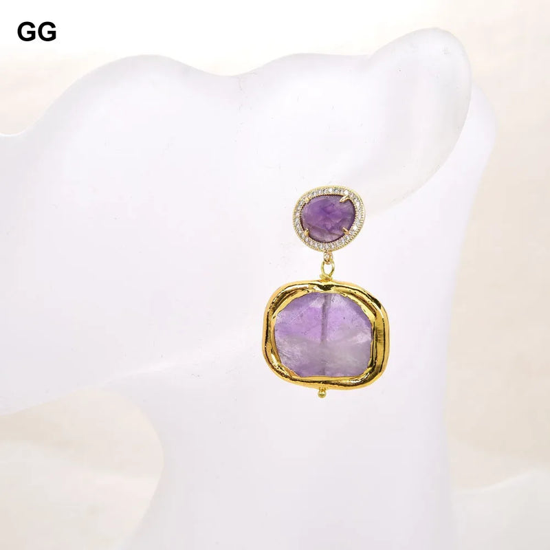 Gold Plated Amethyst and CZ Drop Stud Earrings for Women