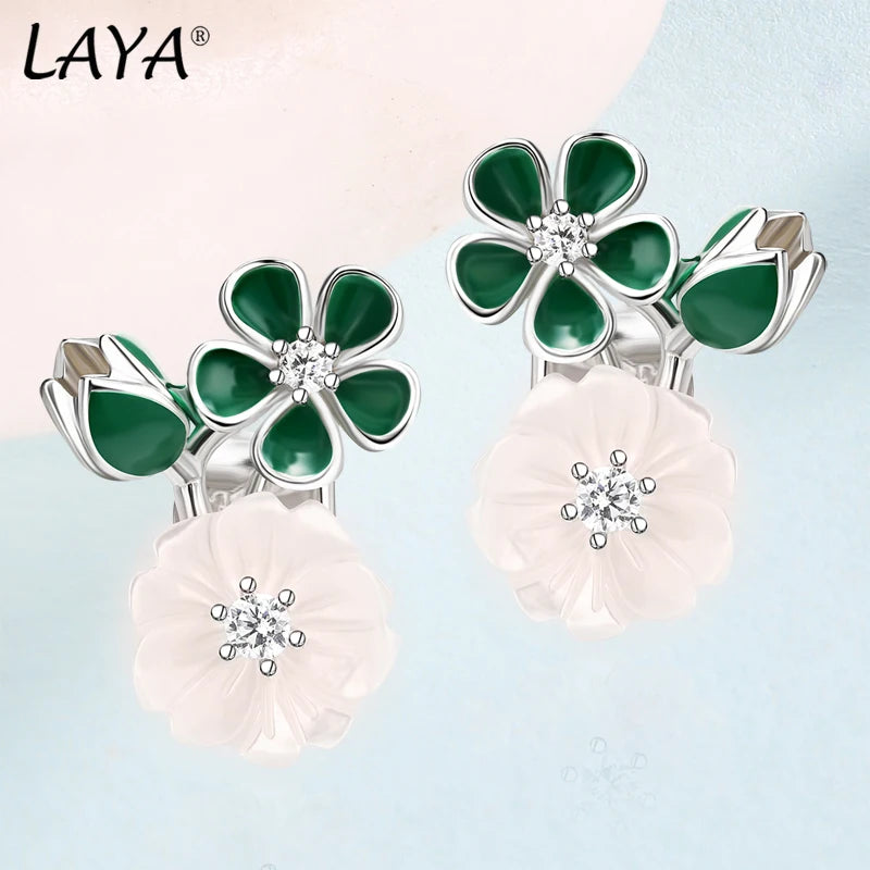 Sterlingsilver Shining Zircon White Pink Flower Green Leaf Enamel Necklace Earrings Ring Set for Women