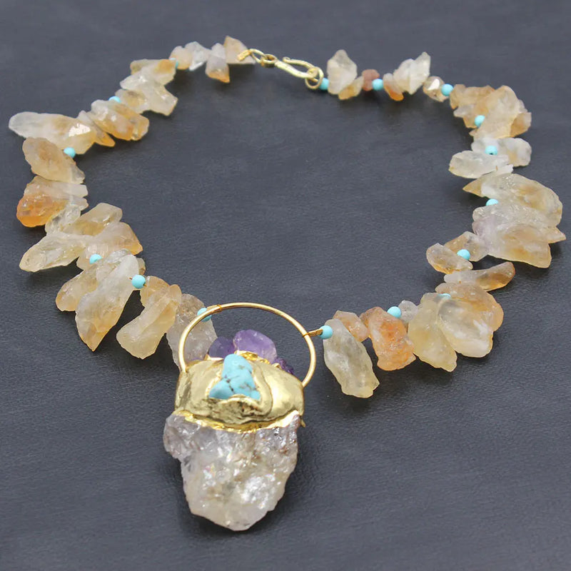 Gold Plated Natural Yellow Citrine Topaz Rough Nugget Necklace with Amethyst Turquoise Pendant for Women