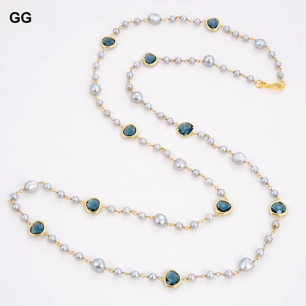 Gold Plated Round Pearl Blue Crystal Chain Necklace for Women