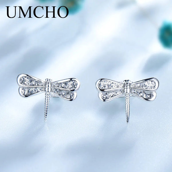 Sterling Silver White Zircon Dragonfly Stud Earrings for Women