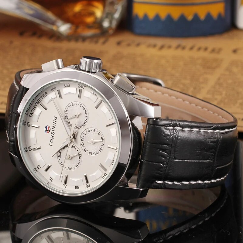 Stainless Steel Leather Band Automatic Wristwatch with Three Dials Date and Day Calendar for Men