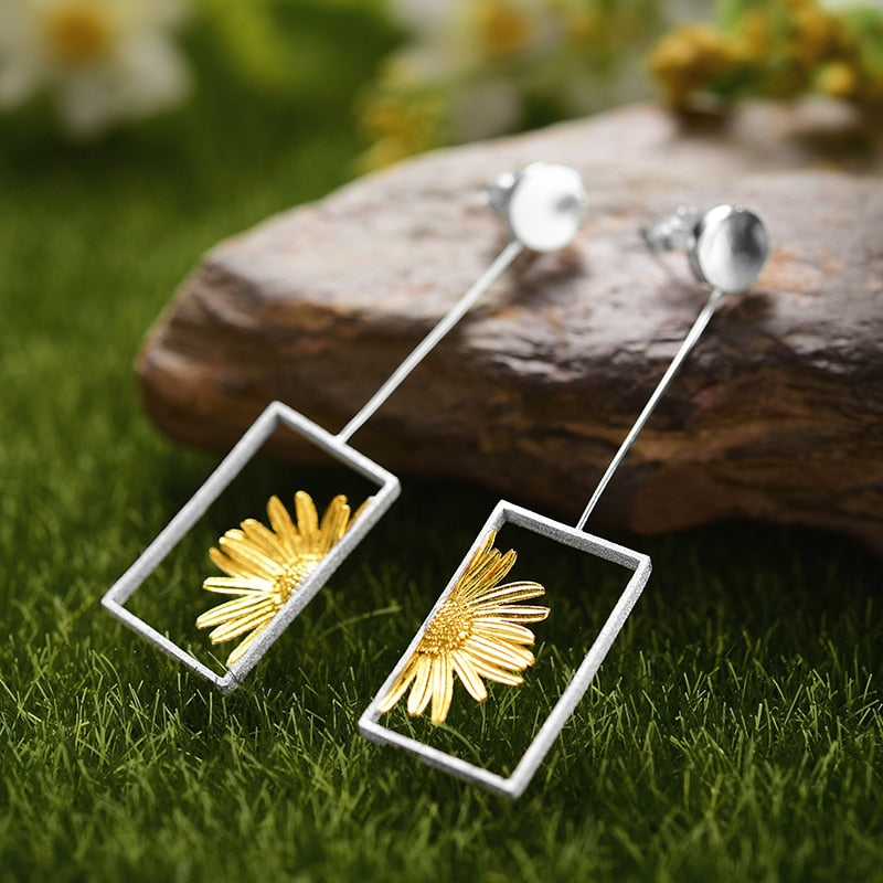 925 Sterling Silver Daisy Flower Dangle Earrings for Women