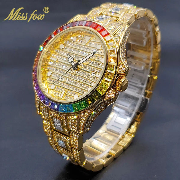 Gold Iced Out Rainbow Diamond Watch with Calendar for Men