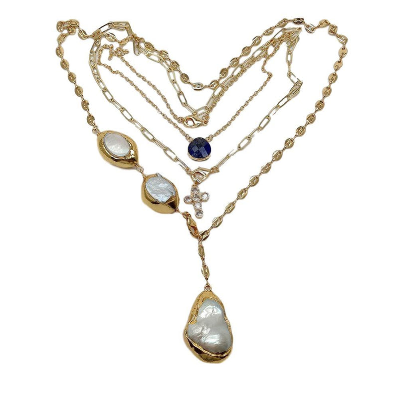 Sterling Silver Cultured White Keshi Pearl Lapis CZ Crucifix Drop Necklace for Women