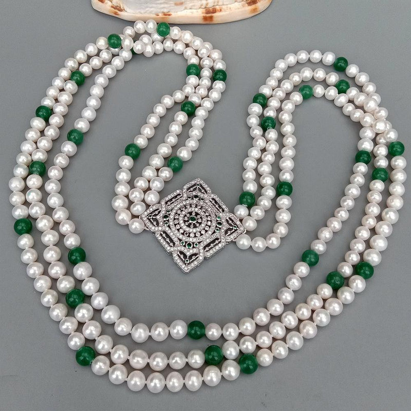 Y.YING 3 Strands Freshwater Cultured White Pearl Green Jade Cz Pave Pendant Necklace lady jewelry 32\" -34\"