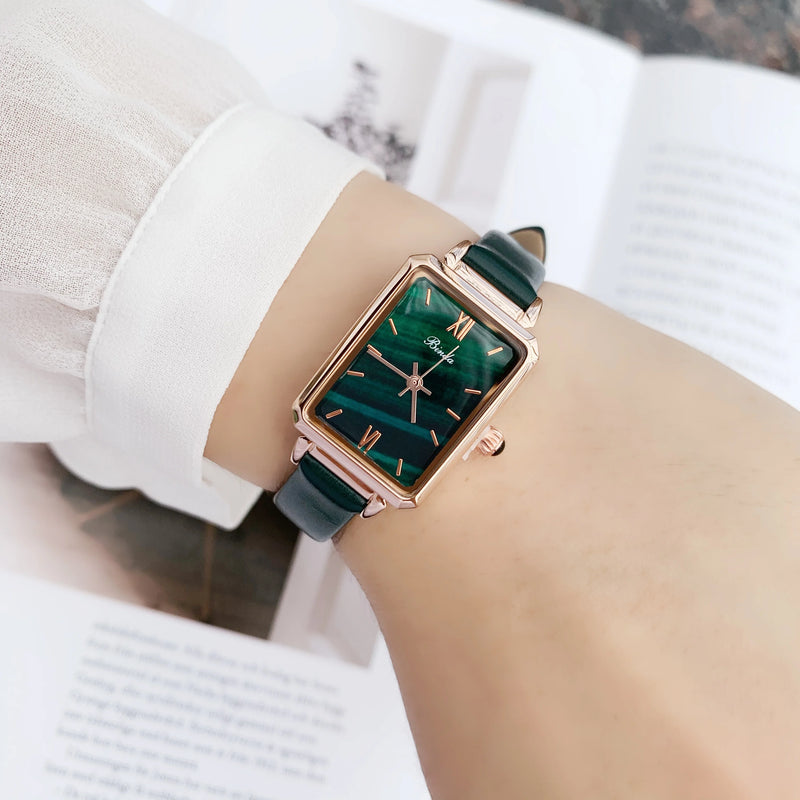 Slim, Green Rectangle Luxury Watch for Women: Quartz Movement, Waterproof, Leather Strap.