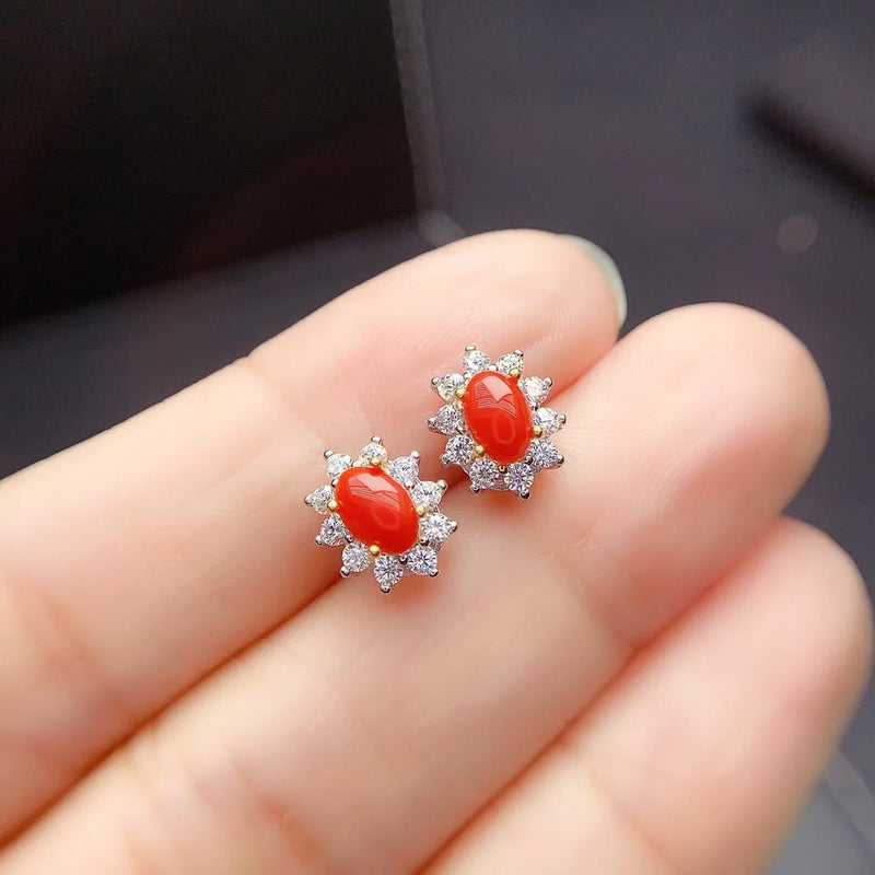 925 Sterling Silver Natural Red Coral Stud Earrings for Women