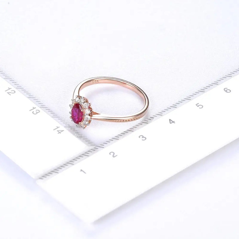 14K Rose Gold Red Ruby & Diamond Sunflower Ring for Women