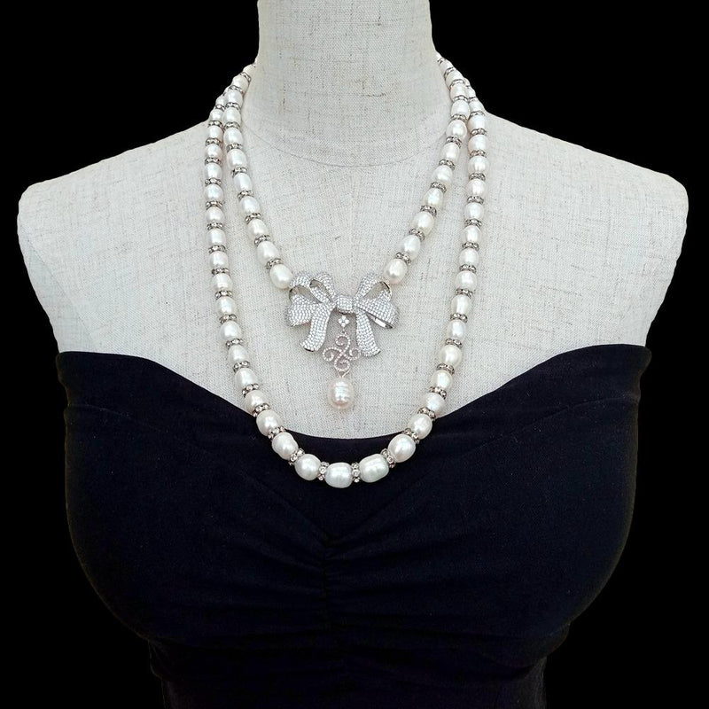Silver Freshwater Cultured White Rice Pearl Necklace with Bowknot Pendant for Women