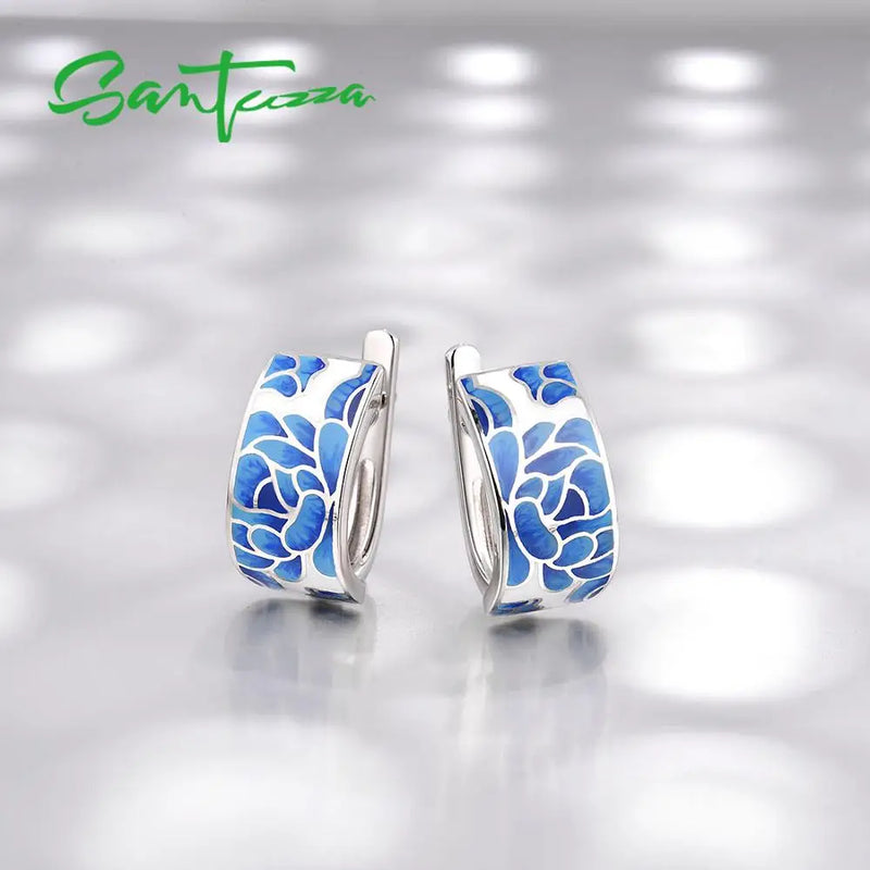 925 Sterling Silver Blue Enamel Flower Earrings for Women