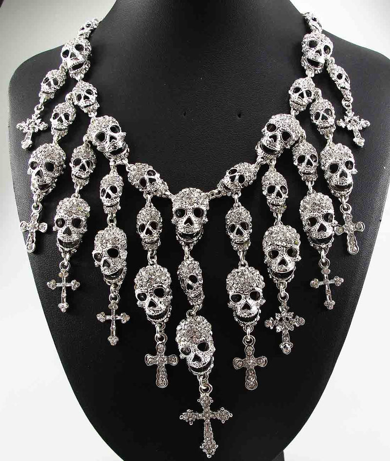 Sterling Silver Skeleton Skull Cross Crystal Choker Necklace for Women