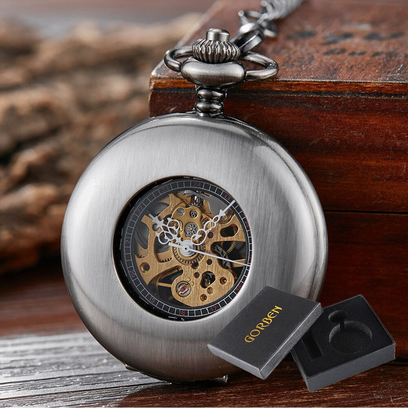 Silver Pocket Watch with Black Enamel Roman Numerals Dial for Men