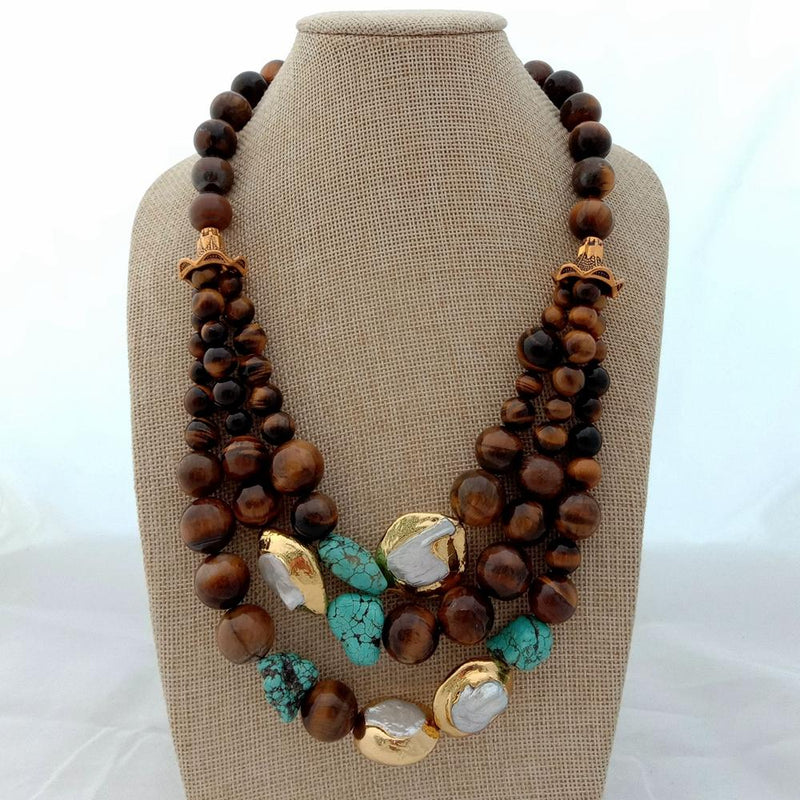 Sterling Silver Natural White Keshi Pearls, Yellow Tiger's Eye & Turquoise Nugget Statement Necklace for Women