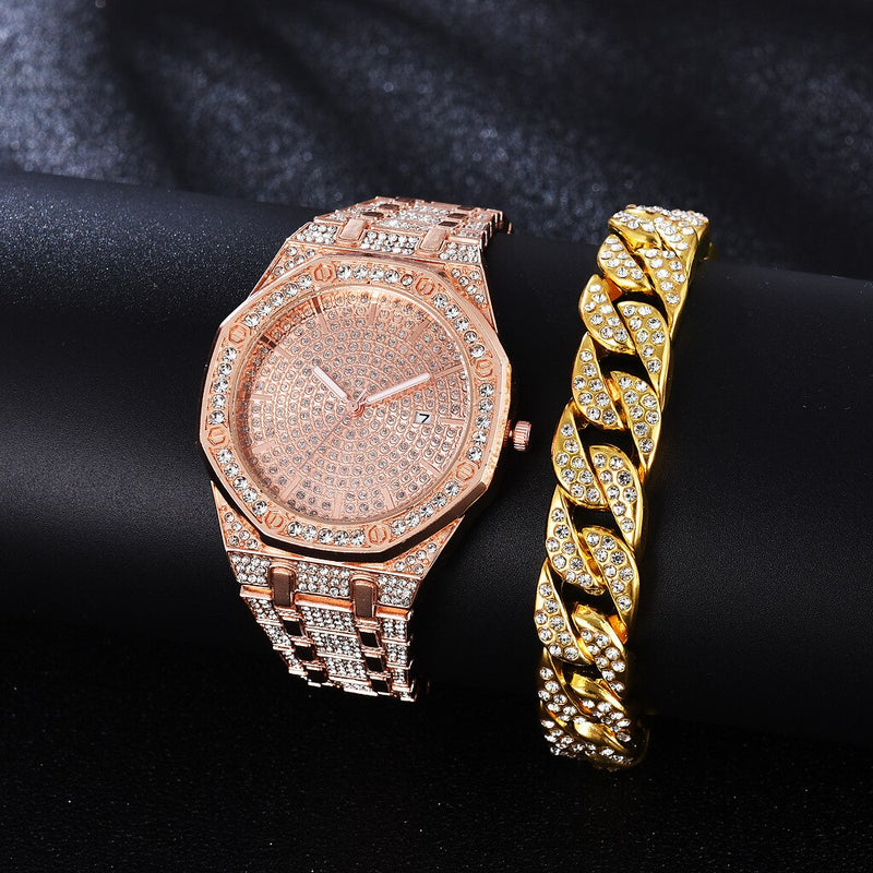 Gold Iced Out Rhinestone Cuban Chain Watch Bracelet Set for Men and Women