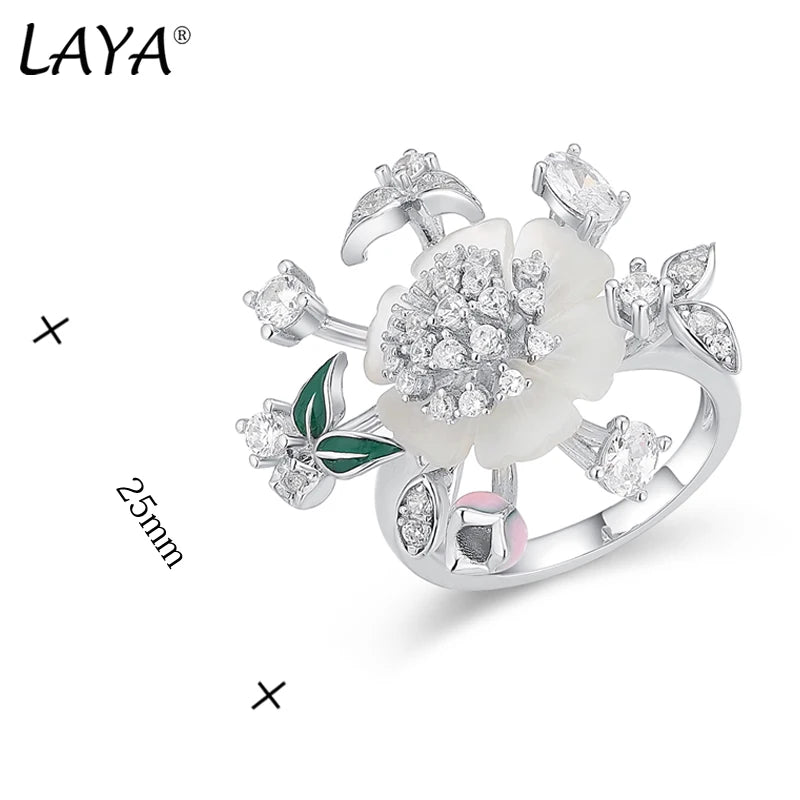 925 Sterling Silver Natural Shell Flower Leaf Enamel Ring for Women