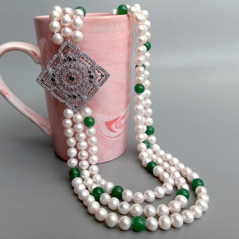 Y.YING 3 Strands Freshwater Cultured White Pearl Green Jade Cz Pave Pendant Necklace lady jewelry 32\" -34\"