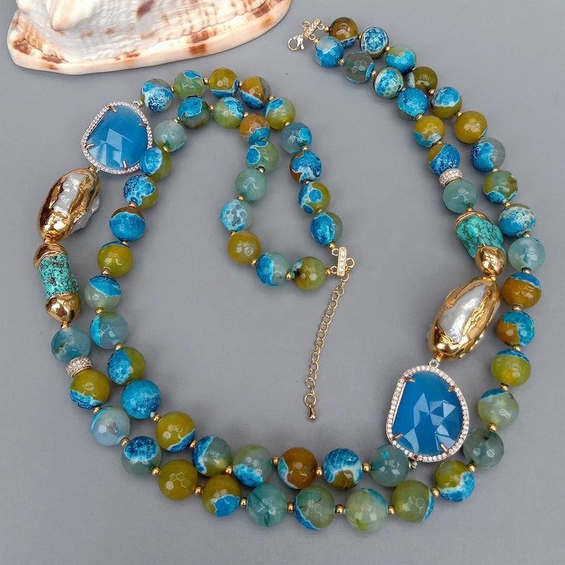 Y.YING 2 Rows Blue Faceted Agate Cultured White Biwa Pearl Turquoise Necklace 22\"y-ying-2-rows-fuchsia-tiger-eye-18-rows-green-crystal-statement-necklace-for-women6Y.YING 2 Rows Fuchsia Tiger Eye 18 Rows Green Crystal Statement Necklace For Women\"