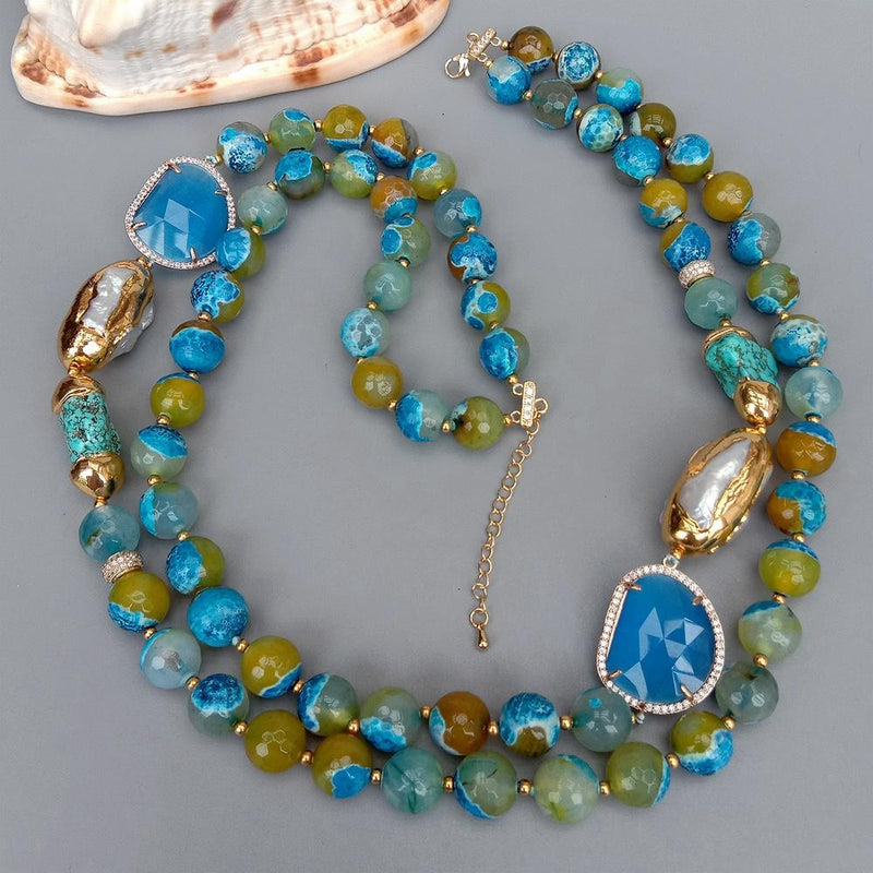 Sterling Silver Blue Faceted Agate, Cultured White Biwa Pearl, and Turquoise Necklace for Women