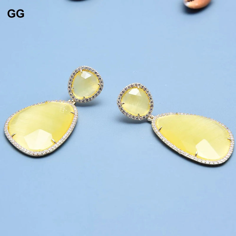 Gold-plated Natural Yellow Cat Eye Oval Shape CZ Pave Dangle Stud Earrings for Women